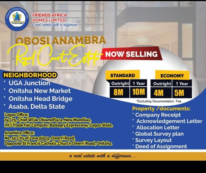 Residential Lands for Sale at Obosi, Anambra – Royal Court Estate - 8M, 4M - Doc fee not included in price.