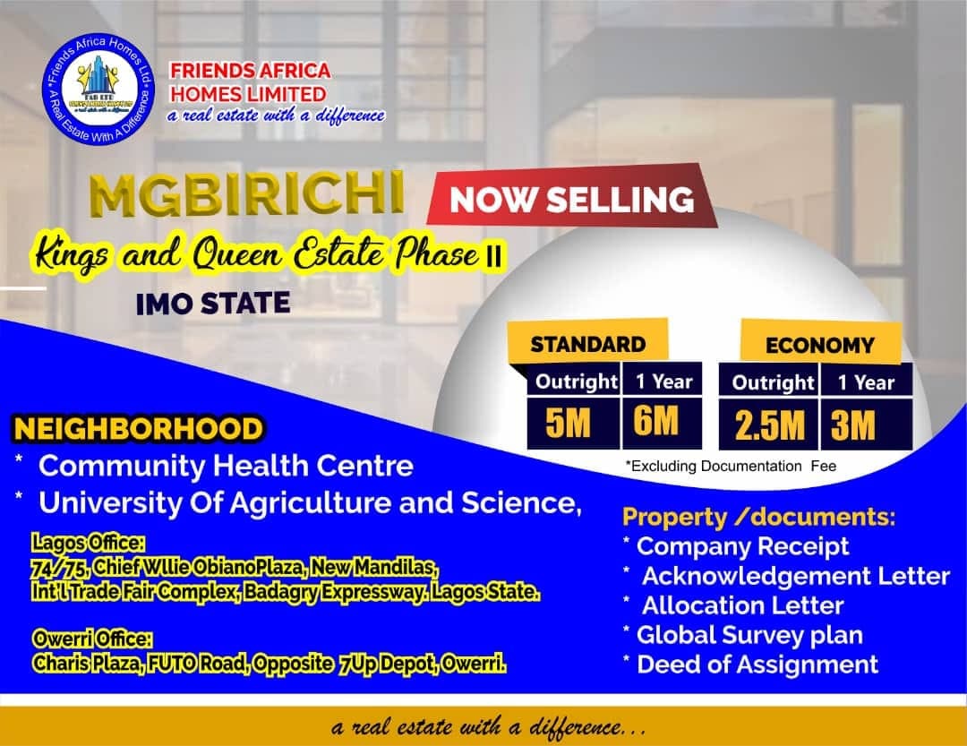 Kings and Queen Estate Phase II, Mgbirichi Imo State – Residential Land for Sale